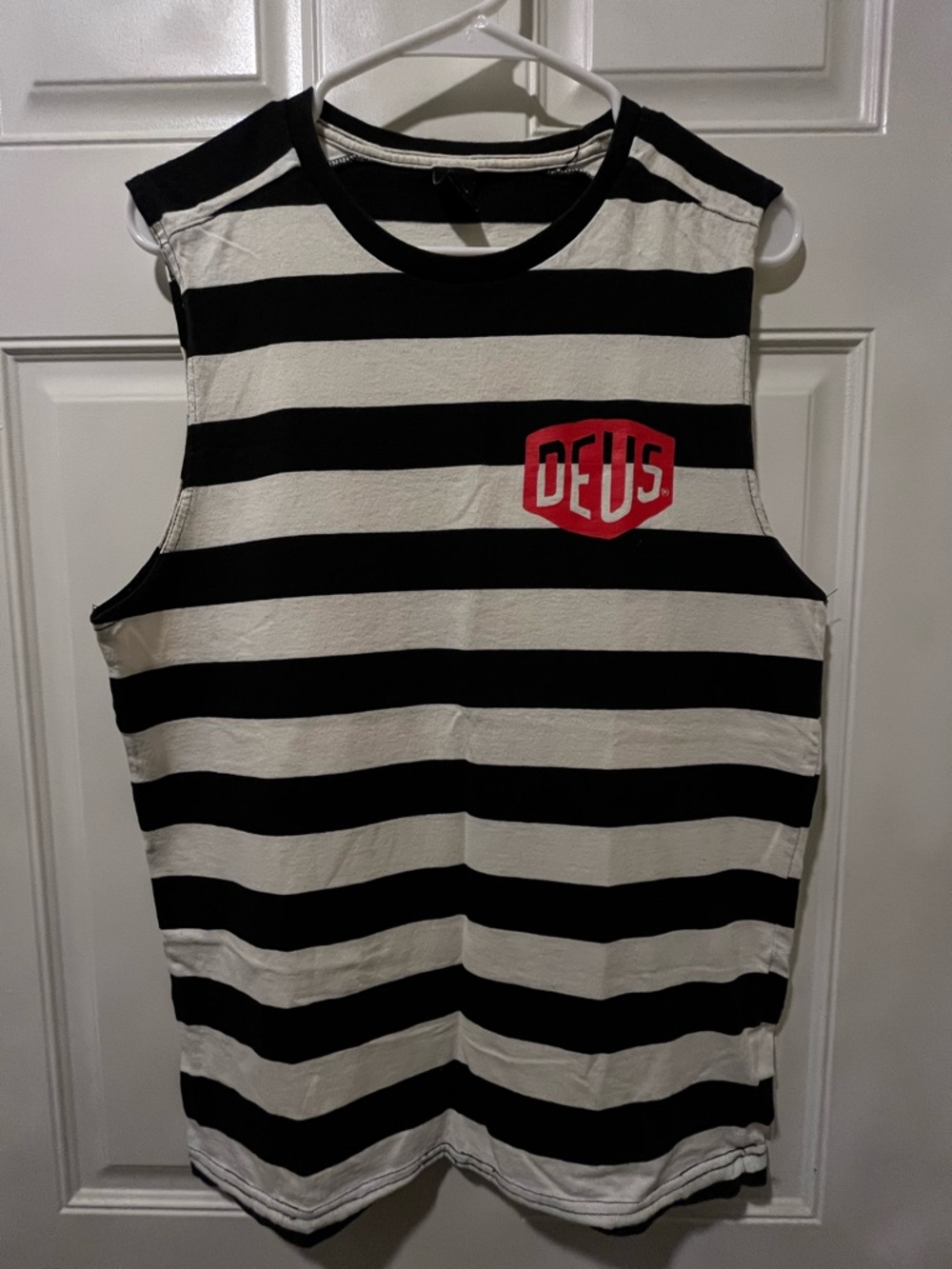 Deus Ex Machina Black and White Striped Sleeveless Tee with Red Logo